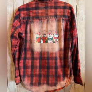 Christmas Coffee Cups and Pups Bleached Flannel Shirt Plaid
